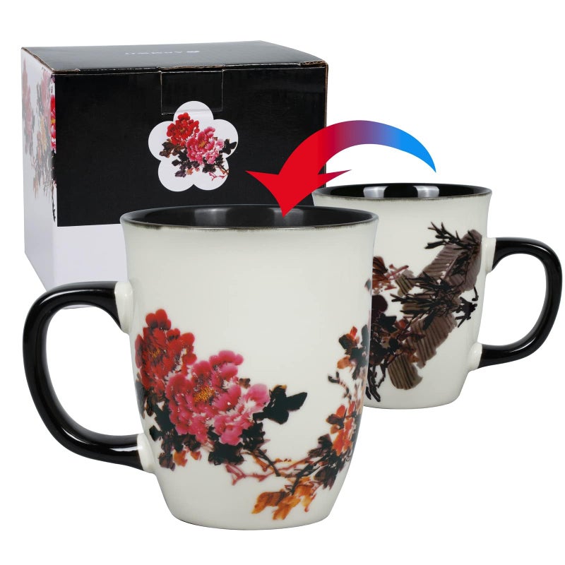 Asmwo Heat Changing Magic Porcelain Coffee Mug for Mom Gifts Funny Tea Mug 16 oz Black Change into Multi Color Peony Painting - Image 3